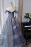 A-Line Off Shoulder Layers Tulle Long Evening Dress, Blue Formal Dress HZ0429