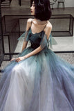 A-Line Ombre Tulle Long Prom Dress, V-Neck Evening Dress HZ0429