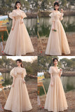 Cute Tulle Long A-Line Prom Dresses, Champagne Lace-Up Party Dresses HZ0429
