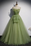 Green Tulle Long A-Line Prom Dresses, Green Spaghetti Straps Evening Dresses HZ0429