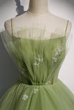 Green Tulle Long A-Line Prom Dresses, Green Spaghetti Straps Evening Dresses HZ0429