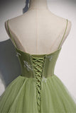 Green Tulle Long A-Line Prom Dresses, Green Spaghetti Straps Evening Dresses HZ0429