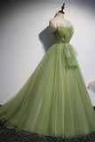 Green Tulle Long A-Line Prom Dresses, Green Spaghetti Straps Evening Dresses HZ0429
