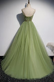 Green Tulle Long A-Line Prom Dresses, Green Spaghetti Straps Evening Dresses HZ0429