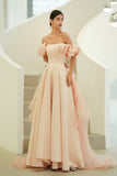 Pink Satin Long Prom Dresses, A-Line Off the Shoulder Evening Party Dresses HZ0429