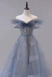 A-Line Off Shoulder Layers Tulle Long Evening Dress, Blue Formal Dress HZ0429