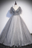 Grey V-Neck Tulle Long Prom Dresses, A-Line Evening Dresses HZ0429