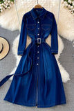 Blue A-line Long Sleeve Denim Dress HZ0429