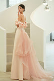 Pink Satin Long Prom Dresses, A-Line Off the Shoulder Evening Party Dresses HZ0429