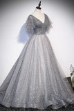 Grey V-Neck Tulle Long Prom Dresses, A-Line Evening Dresses HZ0429