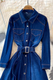 Blue A-line Long Sleeve Denim Dress HZ0429