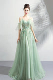 Green Lace Floor Length Prom Dresses, A-Line Off the Shoulder Evening Dresses HZ0429