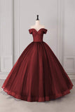 Burgundy Sweetheart Prom Dress with Black Dotted Tulle Overlay Off Shoulder Formal Evening Gown HZ0429