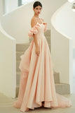 Pink Satin Long Prom Dresses, A-Line Off the Shoulder Evening Party Dresses HZ0429