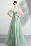 Green Lace Floor Length Prom Dresses, A-Line Off the Shoulder Evening Dresses HZ0429