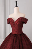 Burgundy Sweetheart Prom Dress with Black Dotted Tulle Overlay Off Shoulder Formal Evening Gown HZ0429
