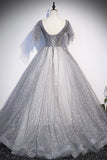 Grey V-Neck Tulle Long Prom Dresses, A-Line Evening Dresses HZ0429