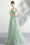 Green Lace Floor Length Prom Dresses, A-Line Off the Shoulder Evening Dresses HZ0429
