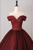 Burgundy Sweetheart Prom Dress with Black Dotted Tulle Overlay Off Shoulder Formal Evening Gown HZ0429