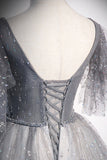 Grey V-Neck Tulle Long Prom Dresses, A-Line Evening Dresses HZ0429