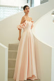 Pink Satin Long Prom Dresses, A-Line Off the Shoulder Evening Party Dresses HZ0429