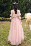 Pink Lace Long Prom Dresses, Lovely A-Line Evening Dresses HZ0429