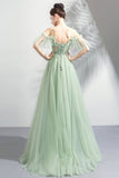 Green Lace Floor Length Prom Dresses, A-Line Off the Shoulder Evening Dresses HZ0429