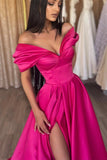 A-Line Satin Spalit Long Prom Dress, Off the Shoulder Evening Dress HZ0429