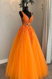 Orange V-Neck Lace Long Prom Dresses, A-Line Evening Party Dresses HZ0429
