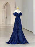 Blue Sequins Long Prom Dress, Off the Shoulder Blue Evening Dress HZ0429