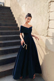Navy Velvet Long Prom Dress, A-Line Off the Shoulder Party Dress HZ0429