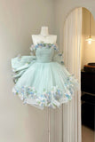 Mint Green Floral Tulle Mini Dress | Strapless Prom Dress with 3D Flowers HZ0429