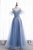 Blue Tulle Long A-Line Prom Dresses, Blue Spaghetti Strap Evening Dresses HZ0429