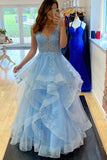 Blue V-Neck Lace Long Prom Dresses, A-Line Blue Formal Evening Dresses HZ0429