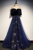 Blue Velvet Tulle Long Prom Dresses, Blue Formal Evening Dresses HZ0429