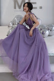 Purple Lace Long Prom Dresses, A-Line Purple Evening Graduation Dresses HZ0429