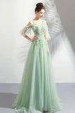 Green Lace Floor Length Prom Dresses, A-Line Off the Shoulder Evening Dresses HZ0429