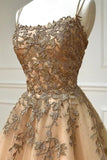 A-Line Spaghetti Straps Lace Long Prom Dress, Lace Evening Dress HZ0429