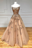 A-Line Spaghetti Straps Lace Long Prom Dress, Lace Evening Dress HZ0429