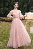 Pink Lace Long Prom Dresses, Lovely A-Line Evening Dresses HZ0429
