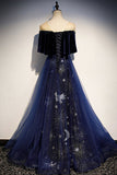Blue Velvet Tulle Long Prom Dresses, Blue Formal Evening Dresses HZ0429