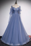 Blue Tulle Beading Long Prom Dresses, A-Line Formal Evening Dresses HZ0429