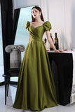 Green Saitn Long Prom Dresses, A-Line Evening Dresses HZ0429