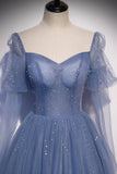 Blue Tulle Beading Long Prom Dresses, A-Line Formal Evening Dresses HZ0429