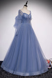 Blue Tulle Beading Long Prom Dresses, A-Line Formal Evening Dresses HZ0429