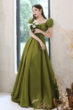 Green Saitn Long Prom Dresses, A-Line Evening Dresses HZ0429