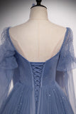 Blue Tulle Beading Long Prom Dresses, A-Line Formal Evening Dresses HZ0429