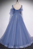 Blue Tulle Beading Long Prom Dresses, A-Line Formal Evening Dresses HZ0429