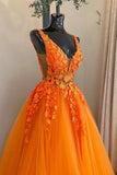 Orange V-Neck Lace Long Prom Dresses, A-Line Evening Party Dresses HZ0429
