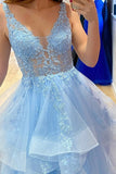 Blue V-Neck Lace Long Prom Dresses, A-Line Blue Formal Evening Dresses HZ0429